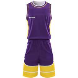 Екип за баскетбол MAXIMA Лилав с жълт и бял, Бързосъхнещ полиестер, Размери 30, 32, XL