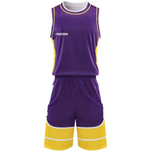 Екип за баскетбол MAXIMA Лилав с жълт и бял, Бързосъхнещ полиестер, Размери 30, 32, XL