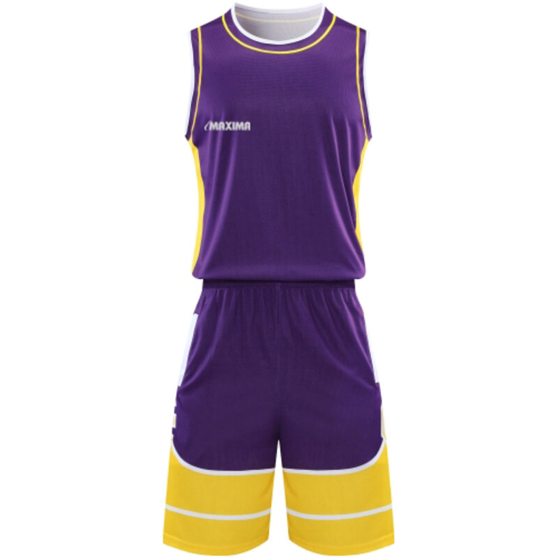 Екип за баскетбол MAXIMA Лилав с жълт и бял, Бързосъхнещ полиестер, Размери 30, 32, XL