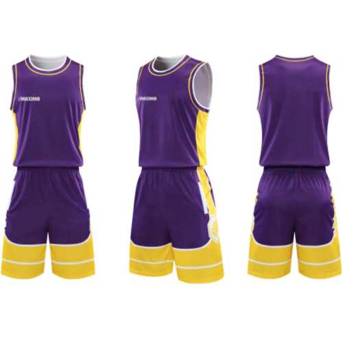 Екип за баскетбол MAXIMA Лилав с жълт и бял, Бързосъхнещ полиестер, Размери 30, 32, XL