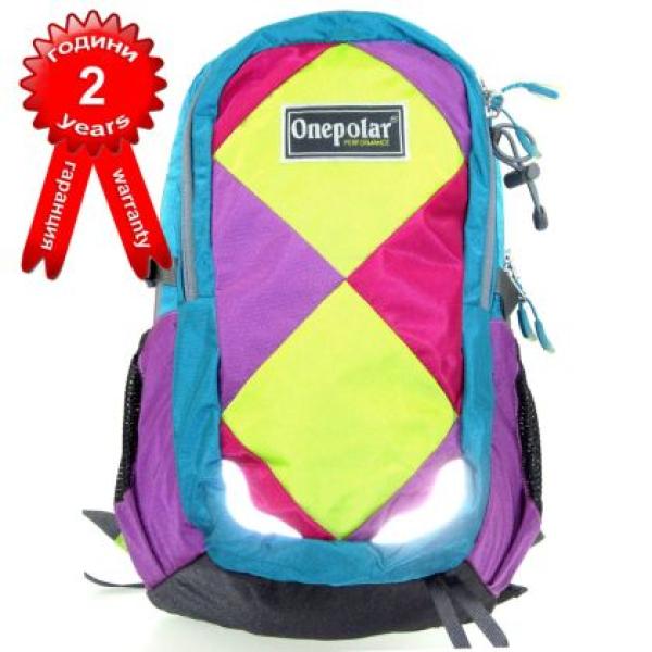 Раница градска ONEPOLAR 20 л 35×30×15 см с подарък ученически пособия зелена с лилаво и розово