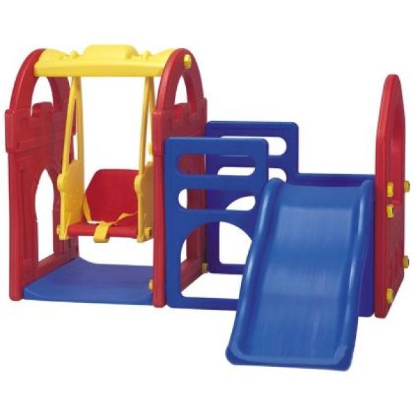 Детски център 3 в 1 Пързалка с люлка и баскетболен ринг